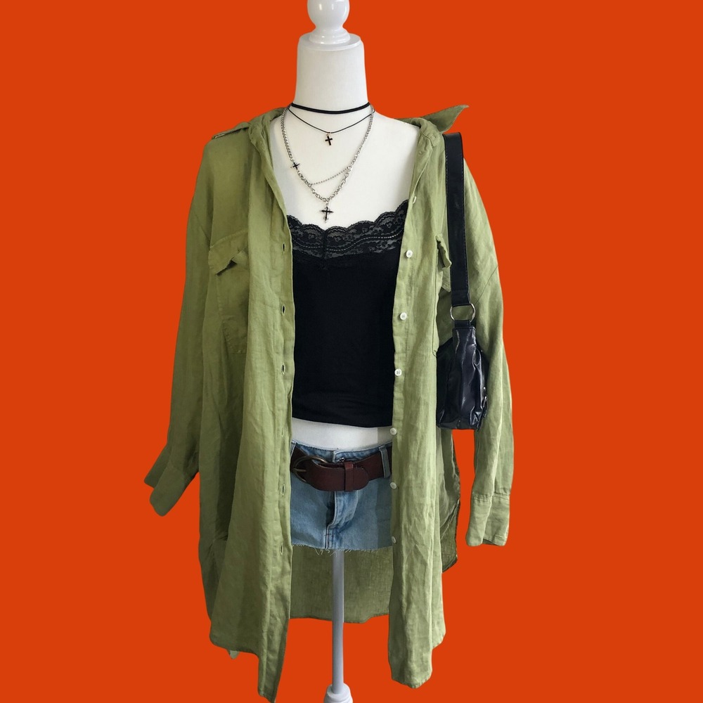 Zara 100% Linen Oversized Longline Shirt Lime Green Utility Top Medium Button